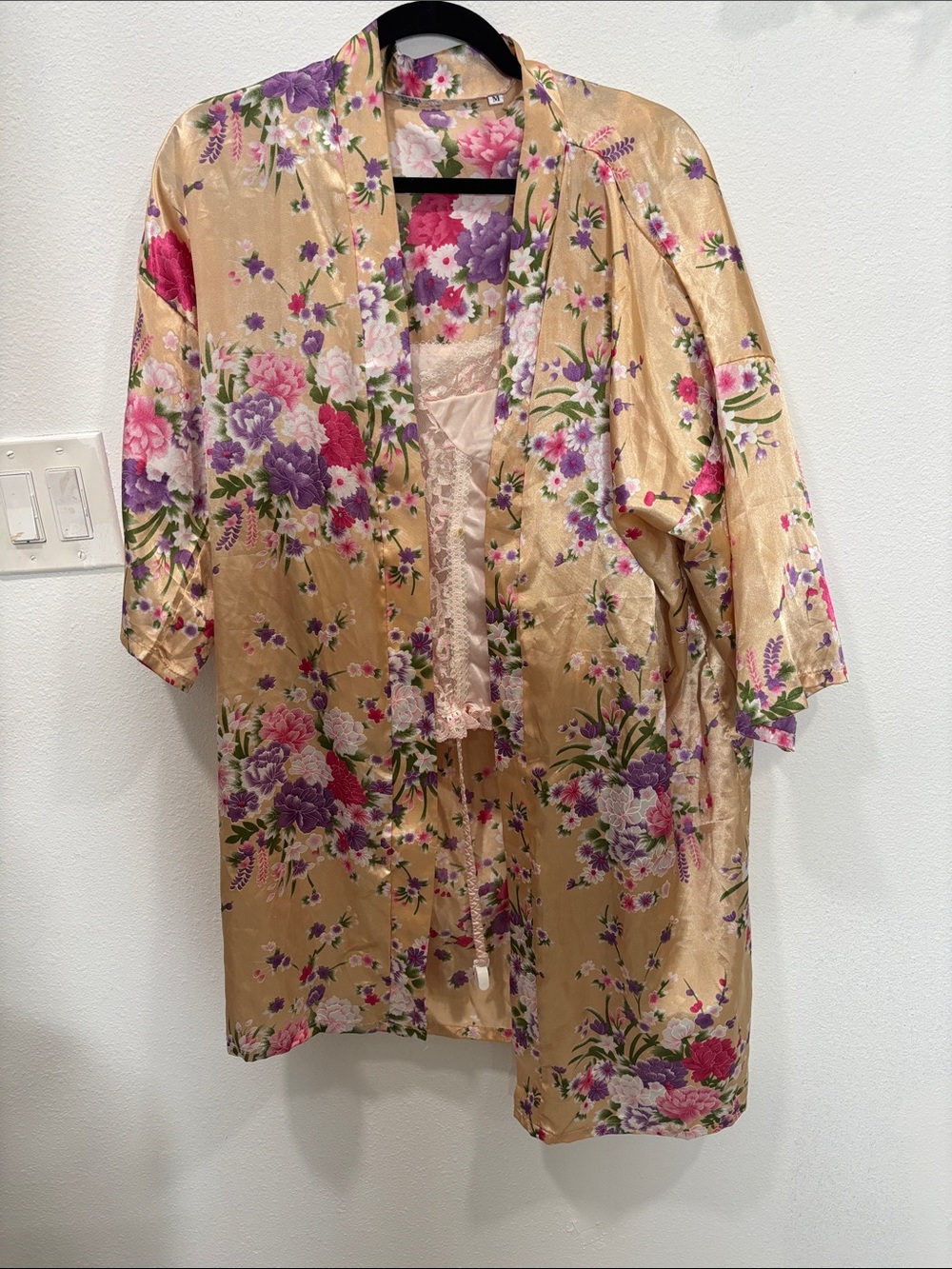 Floral Satin Kimono Jacket in Gold